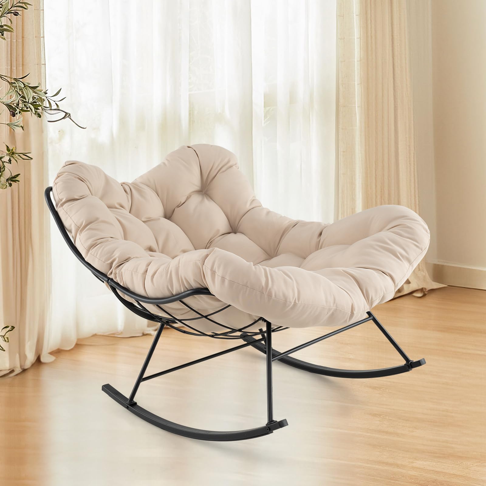 COSTWAY Fauteuil a Bascule d'Intérieur et d'Extérieur, Chaise Papasan Surdimensionnée avec Coussin Rembourré, Cadre en Métal, Fauteuil Œuf pour Salon, Patio, Capacité 205 kg (Beige)