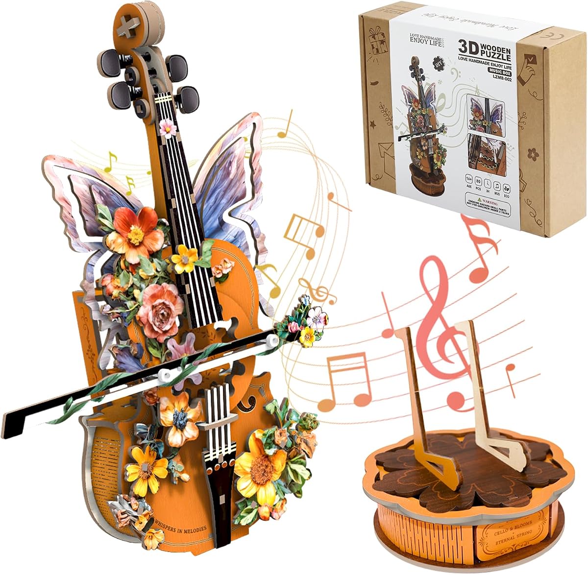 3D Wooden Puzzles for Adults, Cello Music Box - Wood Model Kits for Adults, Mechanical Wooden Puzzles for Adults, Musical Instrument Model Desk Decor, Unique Mother's Day & Graduation Gifts for Music