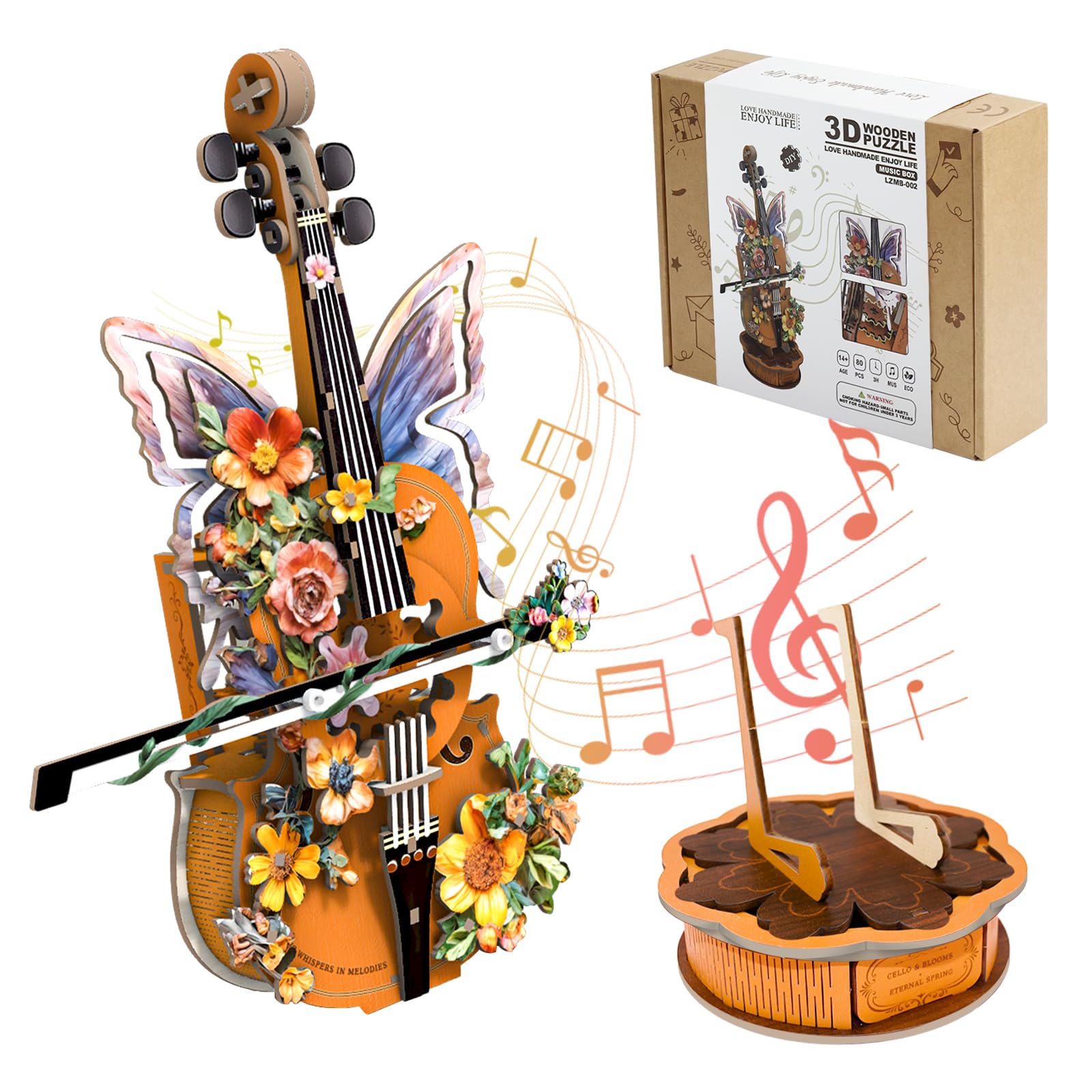 3D Wooden Puzzles for Adults Cello Music Box - DIY Mechanical Model Kit Musical Instrument with Floral Butterfly - Creative Gifts for Women & Music Lovers Plays For Elise