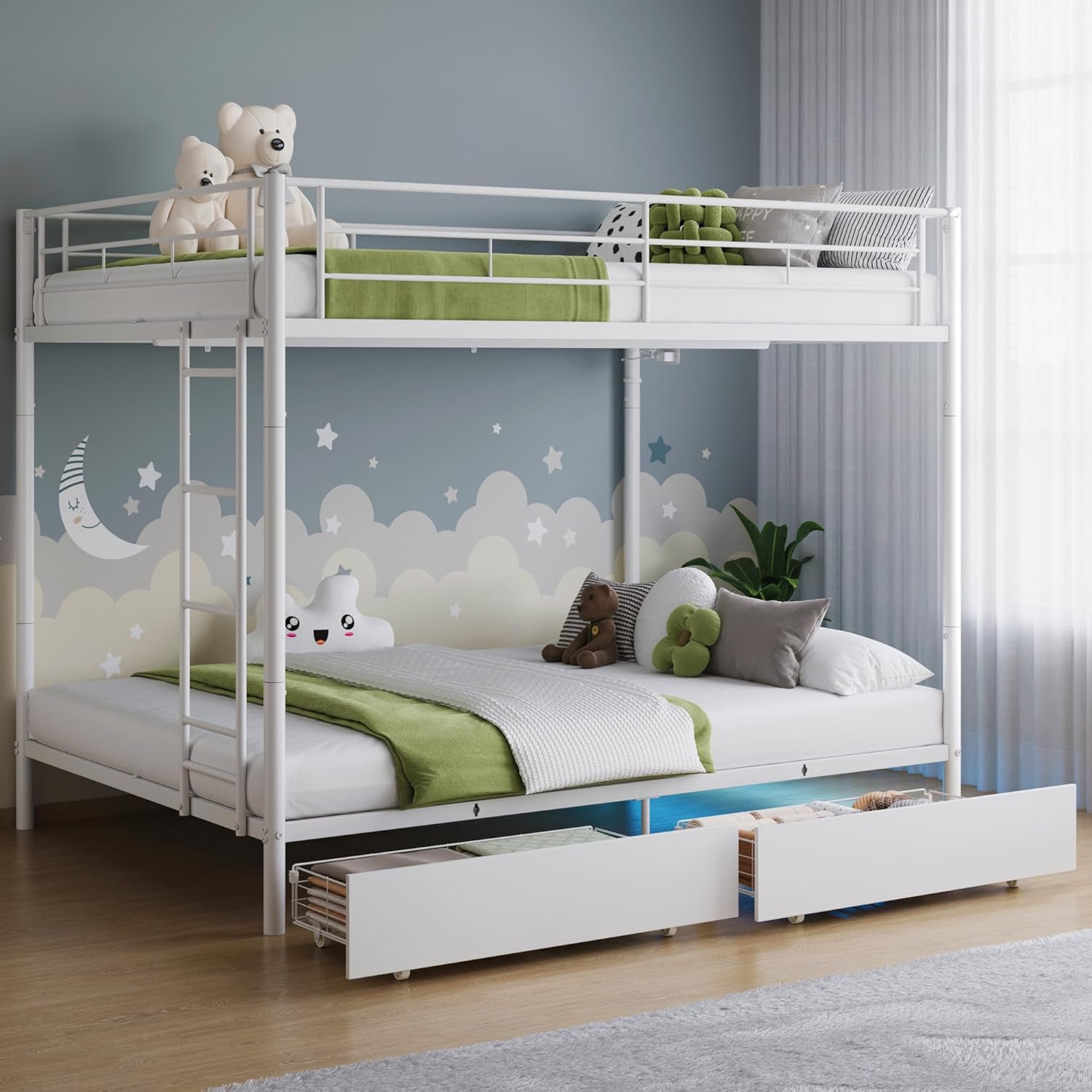 Twin Over Twin Metal Bunk Bed with LED Lights, USB Charging Station, 2 Drawers, Guard Rails & Ladder  No Box Spring Needed, Easy Assembly, White