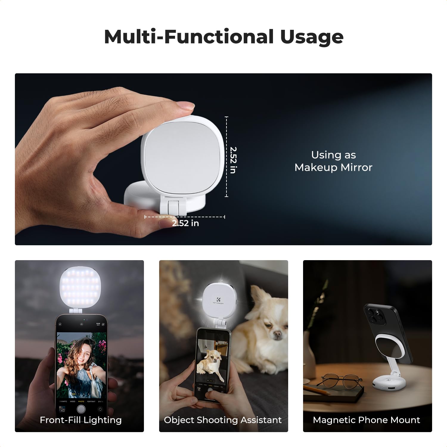 K&F CONCEPT 360° Magnetische Selfie Licht mit Spiegel 900mah Akku,Weiß | 673lux Handy Ringlicht kompatibel mit iPhone Magsafe/Android, LED Selfie Ring Fülllicht für Selfies /Make up/Fotografie