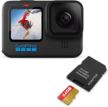 GoPro HERO10 Black + SD Card Bundle Ecomm Packaging Waterproof Action Cam, Front/Rear LCD Touchscreens, 5.3K60 UHD Video, 23MP, 1080p Live Streaming, and 64GB Extreme microSDHC UHS-I w/Adapter