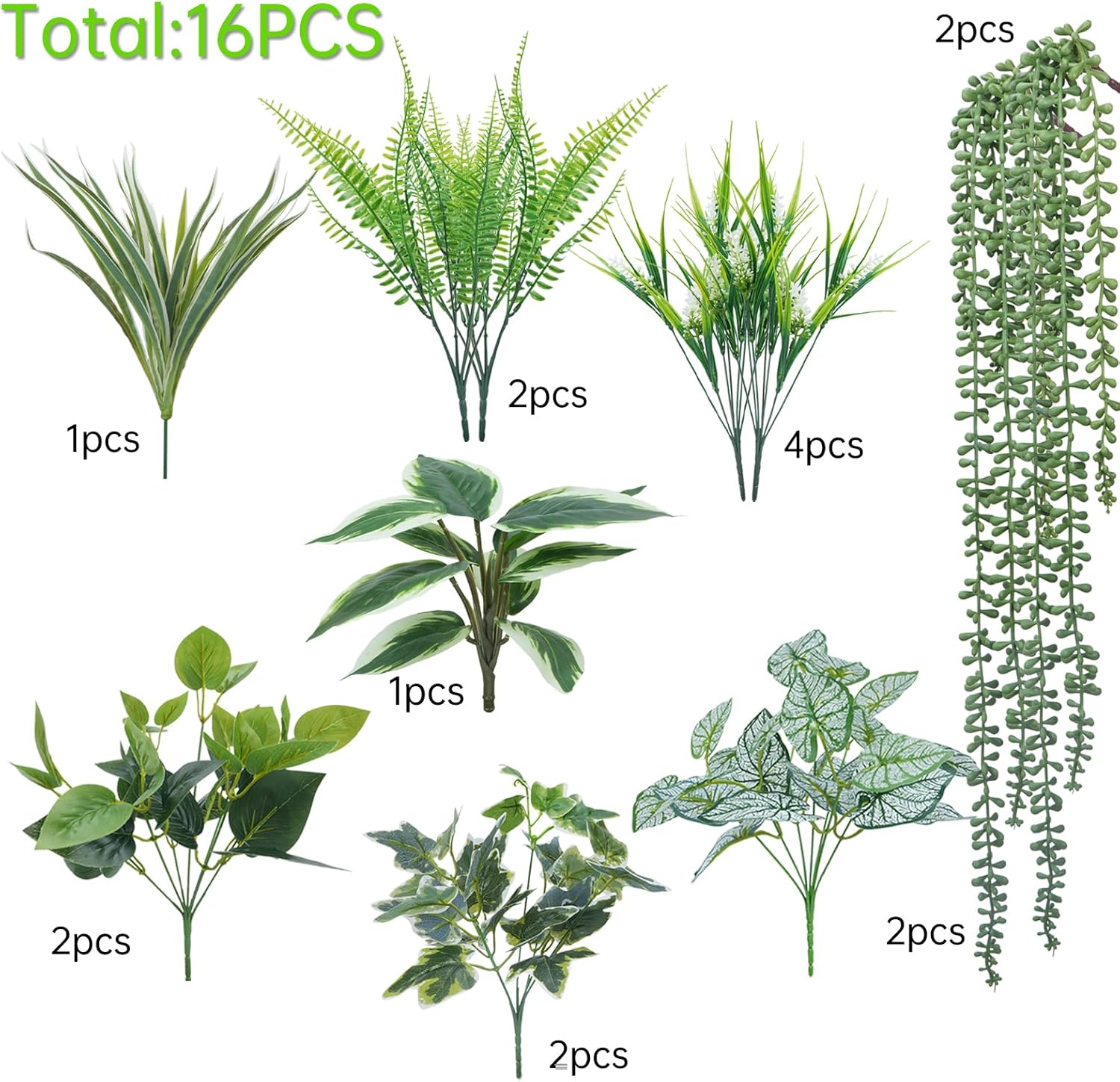 16 Bundles Artificial Greenery Stems for Outdoors Faux Plants UV Resistant Fake Leaves Bushes with Hanging Plants for Outside Porch Window Box Home Garden Decor (13.8")