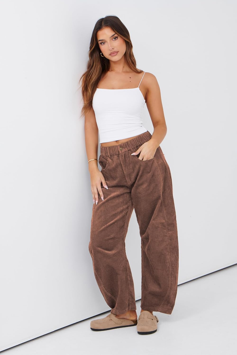 Lviefent Womens Mid Rise Cord Barrel Jeans Casual Baggy Wide Leg Corduroy Cropped Ankle Pants with Pockets - Image 6