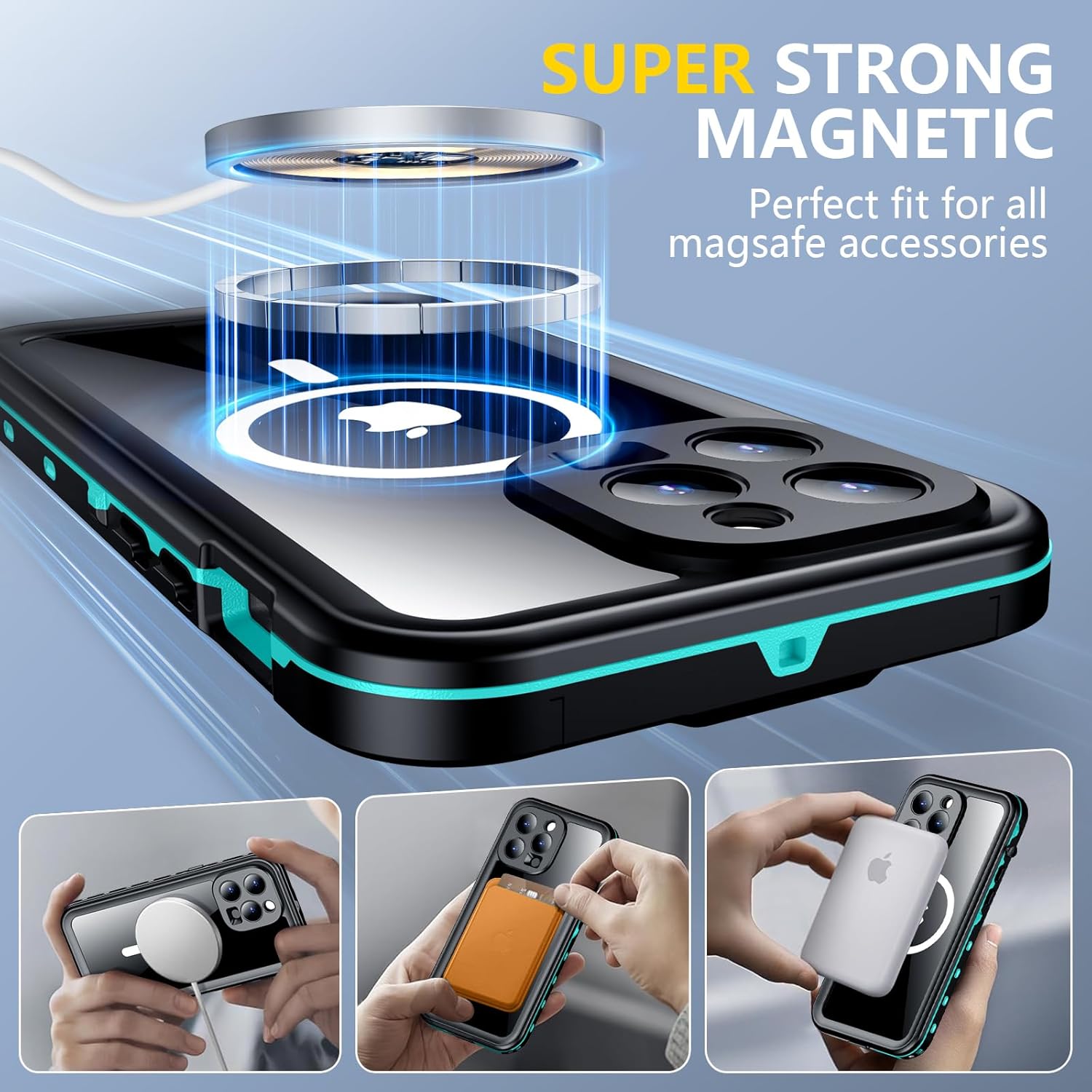 Red2Fire for iPhone 15 Pro Case Waterproof, [Built-in Screen Protector & Camera Protector][Compatible with MagSafe][Full Body Shockproof][IP68 Waterproof][Dustproof] Phone Case 6.1" Blue/Clear