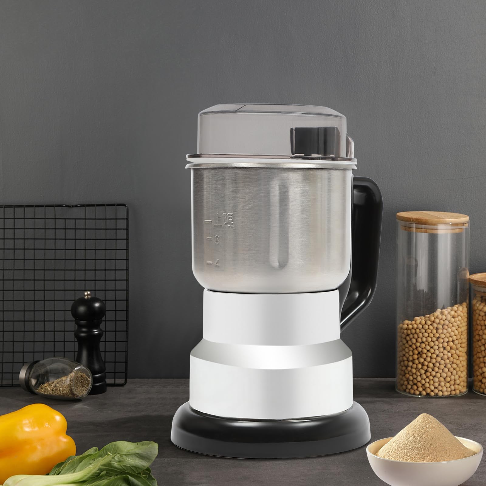 Moulin à café électrique 500 ml 300 W Moulin à céréales électrique avec pinceau et cuillère Machine à café Moulin en acier inoxydable pour céréales, haricots, épices, grains de café