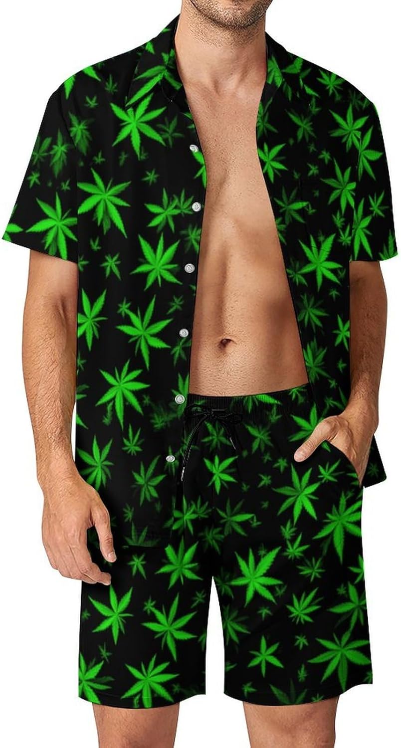 TQD Mens 2 Piece Short Sleeve Button Down Shirt Beach Shorts Set Outfit Marijuana Green Weed Casual Hawaiian Sets