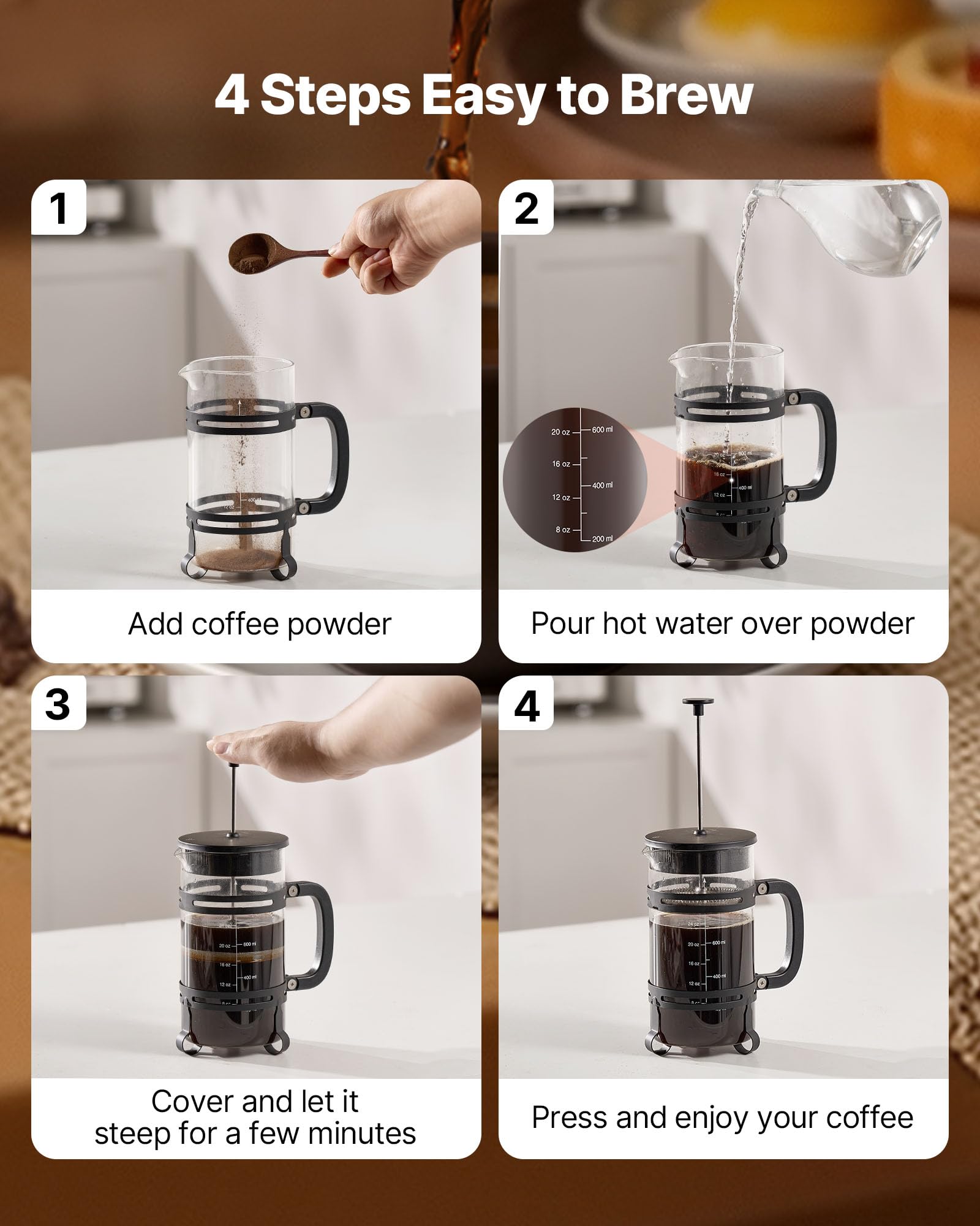 Cafetière à Piston VEVOR 1L En Verre Borosilicaté - Filtre Acier Inox 304, Bec Anti-goutte - Pour Café, Thé, Infusion Froide - Maison, Bureau, Camping - 4