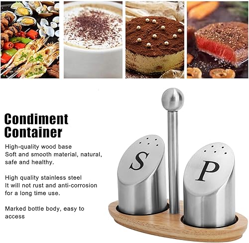 Miniatura 4 de Salero y pimentero con soporte, salero y pimienta de acero inoxidable, caja de condimentos con soporte de madera, mesa de comedor, accesorio de