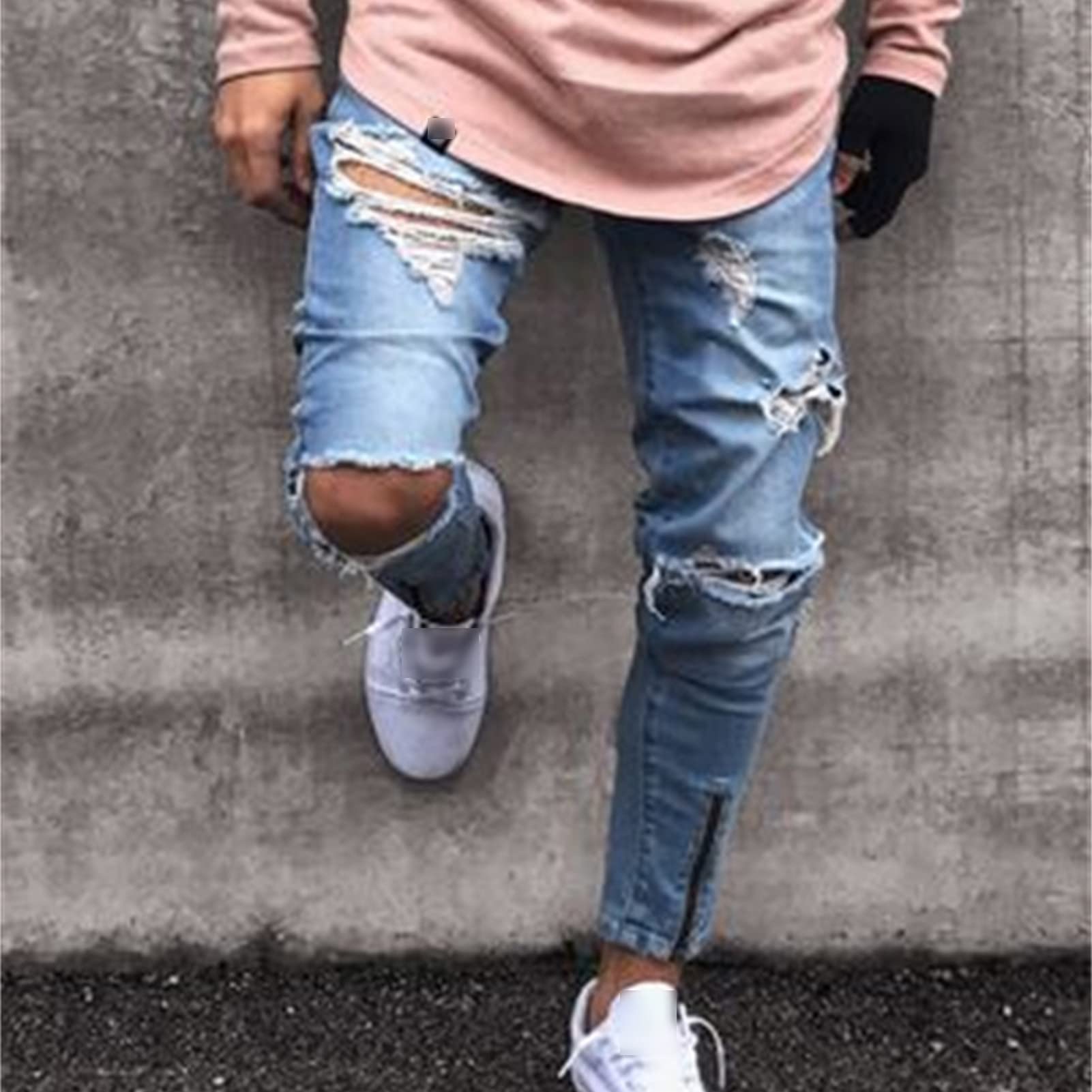 Maiyifu-GJ Men's Ripped Skinny Slim Jeans Destroyed Ankle Zipper Denim Pencil Pants Distressed Tapered Leg Jean Trousers (Light Blue,3X-Large)