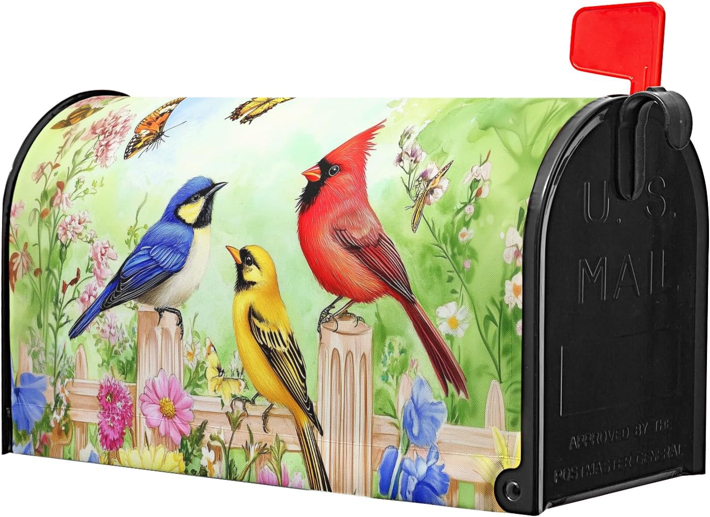 Spring Birds Mailbox Covers Magnetic 18x21 Inch, Colorful Floral Blooms Fence Bird Butterflies Farmhouse Standard Post Box Wrap Cover for Garden Yard Outdoor Decoration
