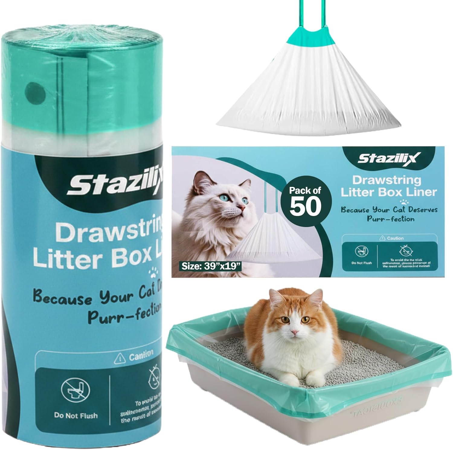 50 Count Litter Box Liners Large 36x19 – Cat Litter Box Bags Liners, Heavy Duty Leak-Proof Drawstring Design, Tear-Resistant Litter Bags Liners for Easy Cleaning