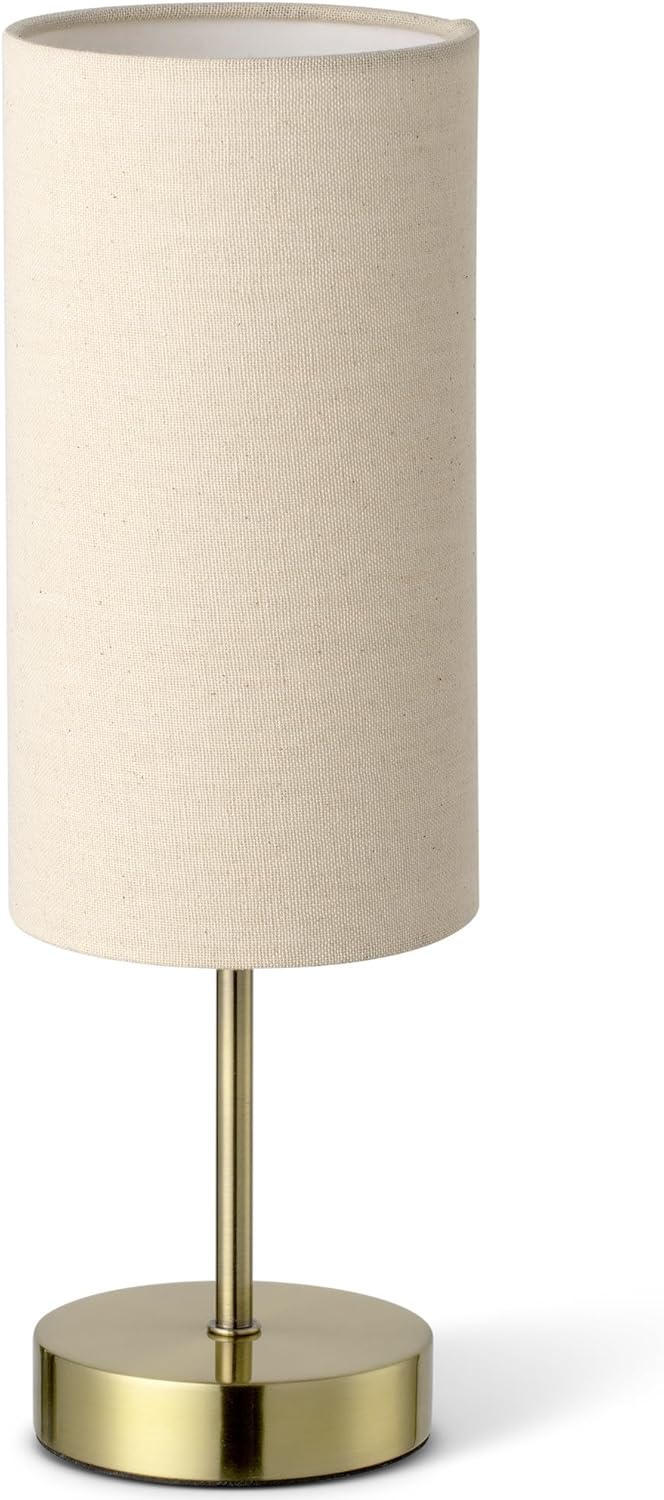 Small Side Table Lamp for Bedroom Night Stands, Round Linen Shade and Antique Brass Metal Base, Retro Minimalist Bedside Lamps for Dresser, Desk, Office, College Dorm, Warm Light, 5W LED Bulb Included