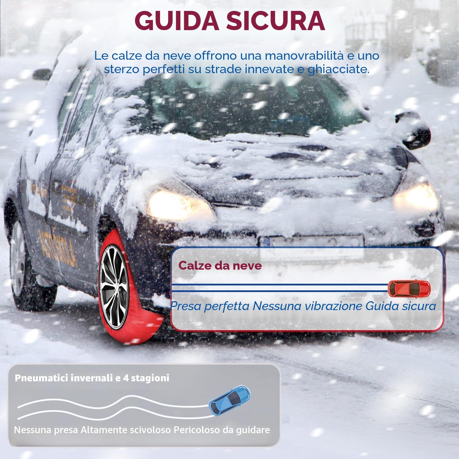 SWAWIS Catze da Neve Omologate EN 16662-1 Catene da Neve in Tessuto Taglia XL per R14 - R22 Auto Universali, 1 Coppia Rosso