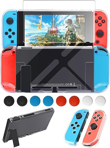 FYOUNG Protective Case for Switch, Slim Hard Shell for Switch Accessories, Scratch&Shock Protection Cover with Screen Protector, 8 Thumb Grip(Clear,