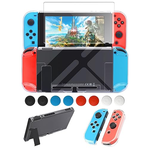 FYOUNG Protective Case for Switch, Slim Hard Shell for Switch Accessories, Scratch&Shock Protection Cover with Screen Protector, 8 Thumb Grip(Clear,
