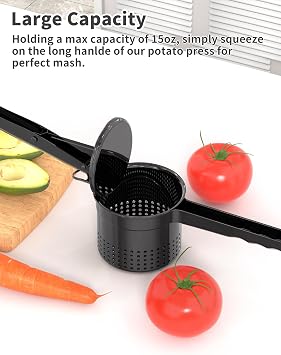 Livilord 15oz Potato Ricer, Stainless Steel, Large 3mm Press Holes, Black | Ergonomic Handle, 18/10 Stainless Steel Kitchen Tool, Dishwasher Safe, For Vegetables, Food Puree