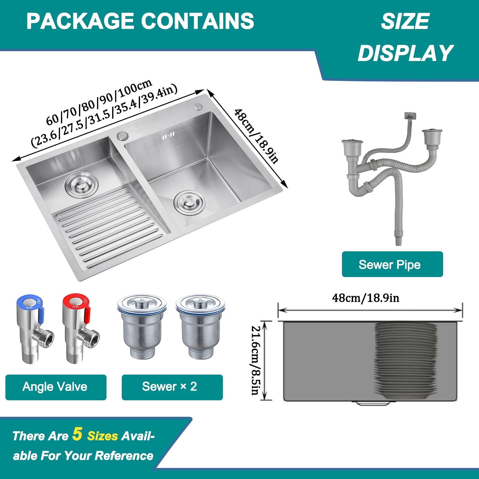 Fregadero de lavandería plateado,fregadero práctico de acero inoxidable para lavandería, lavabo de cubo de lavandería de doble tazón de 22 cm de profundidad, con lavabo facial integrado(Silver-B,80x48