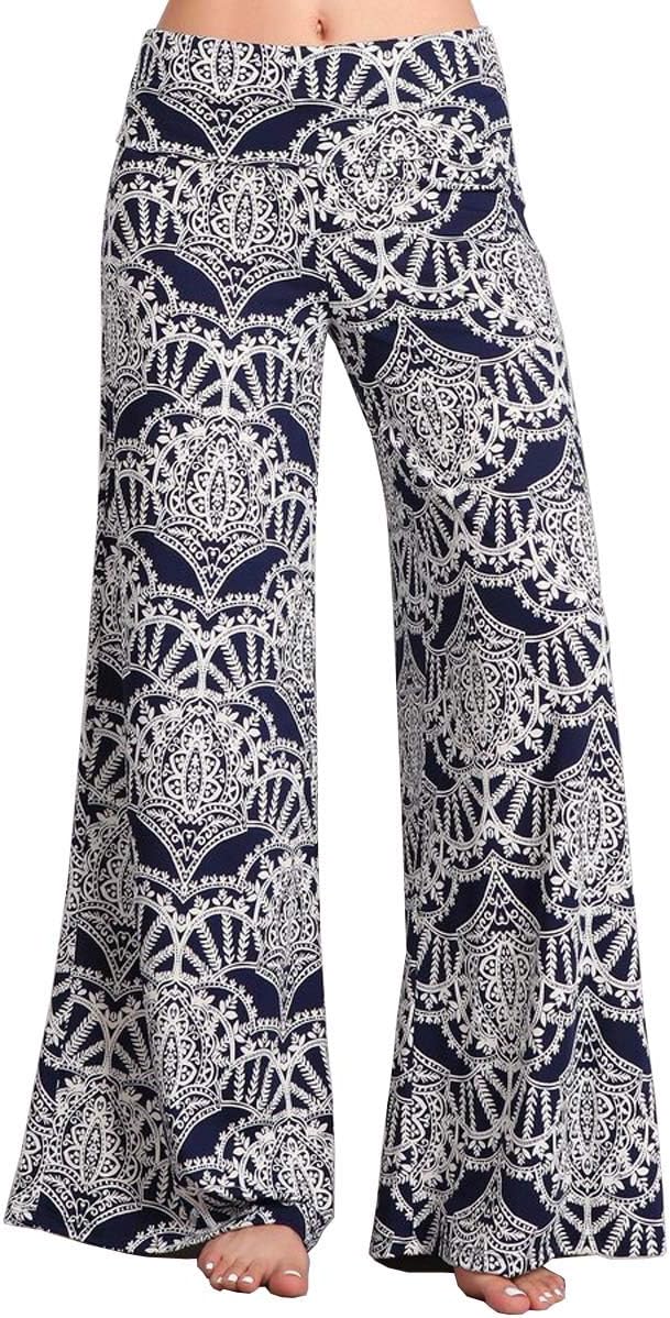 HEYHUN Womens Tie Dye Solid Wide Leg Bottom Boho Hippie Lounge Palazzo Pants - Navy Multi - Small