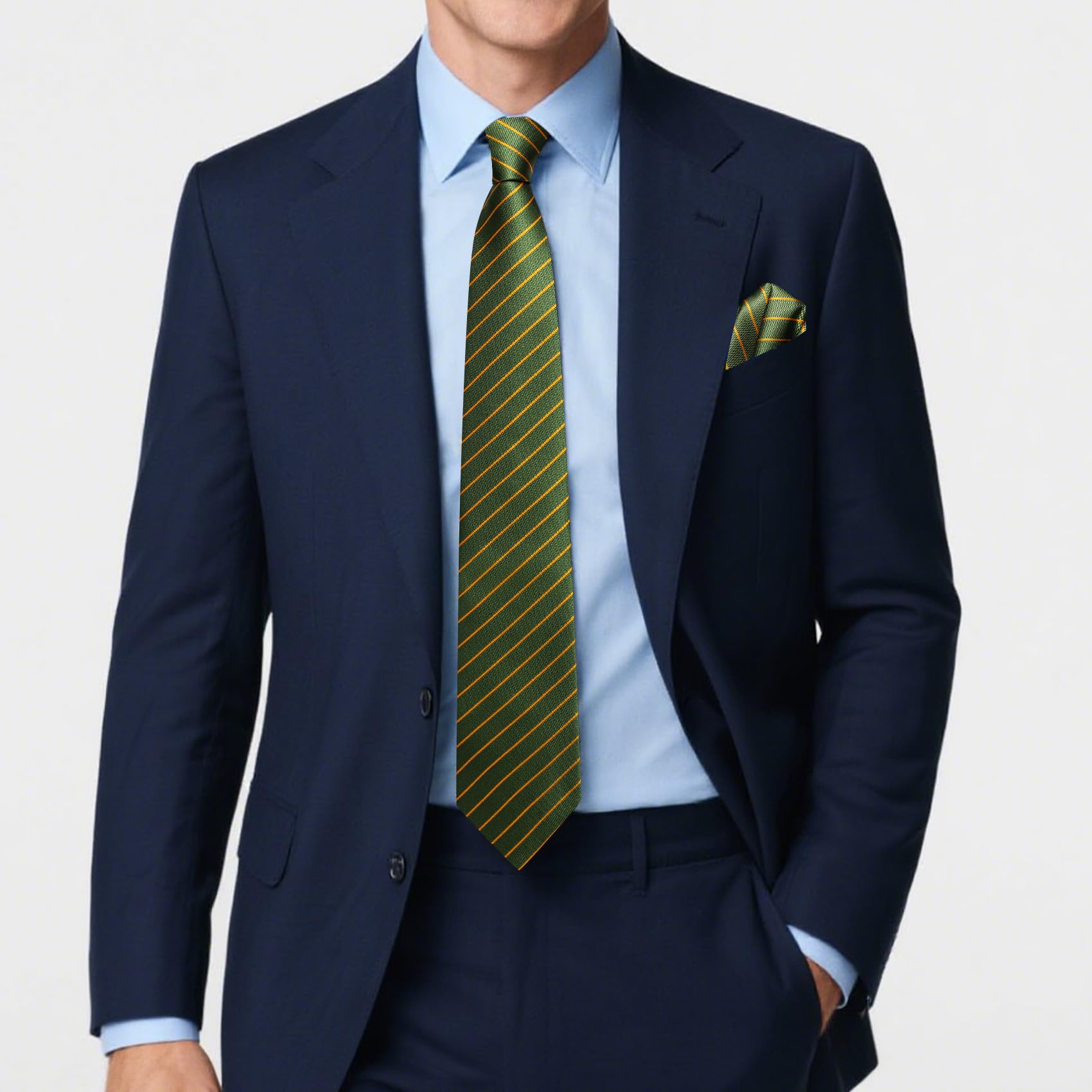 Herren-Krawatten, 160 cm, extra lang, klassisch, gestreift, Krawatte und Einstecktuch, Seidenkrawatte, Taschentuch, Krawattenklammer für formelle Hochzeit, Party