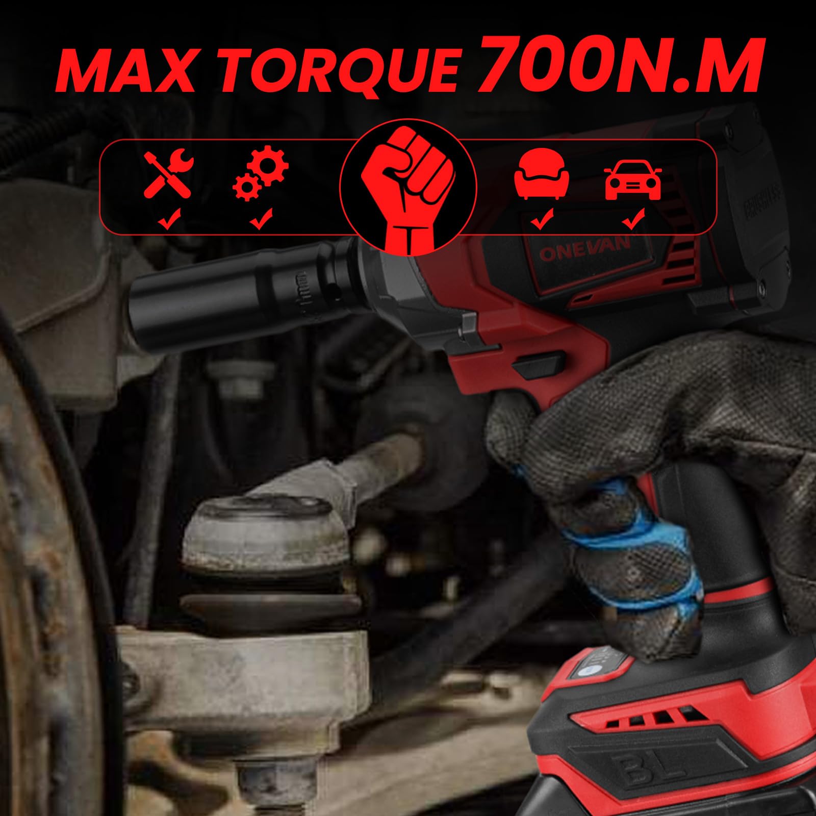 ONEVAN Avvitatore a impulsi a batteria 700Nm, con 2 batterie e set bussole | senza spazzole, 2 batteries de 3.0Ah, 4 velocità (avanti e indietro), include cassetta degli attrezzi e adattatore per trapan