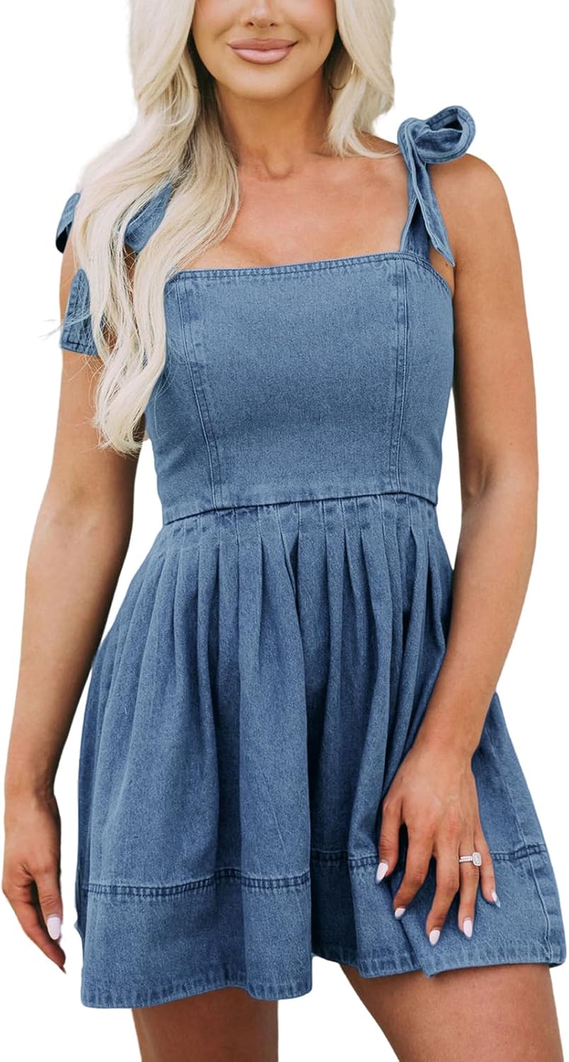 Women's Summer Tie Shoulder Sleeveless Denim Mini Dress Casual Flowy Swing Pleated Short Denim Dress