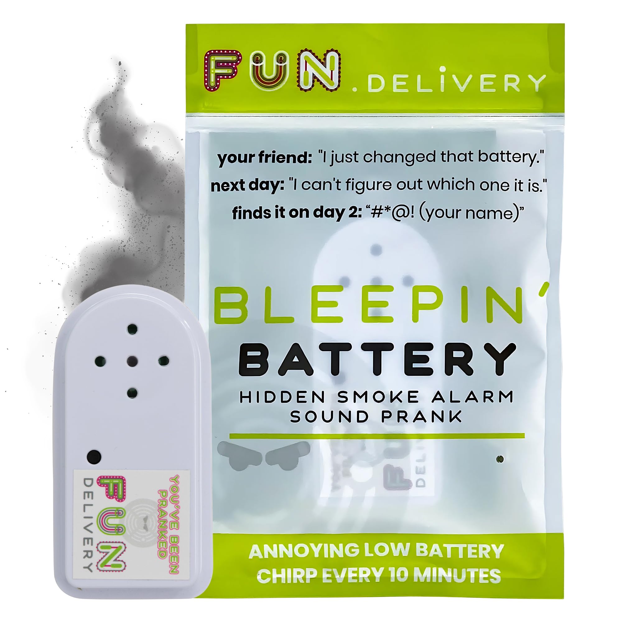 FUN delivery Bleepin' Battery: Hidden Annoying Smoke Alarm Beep Sound Device to Prank Friends & Family – Fun Joke Toy for Parties & Offices – Perfect for Pranksters