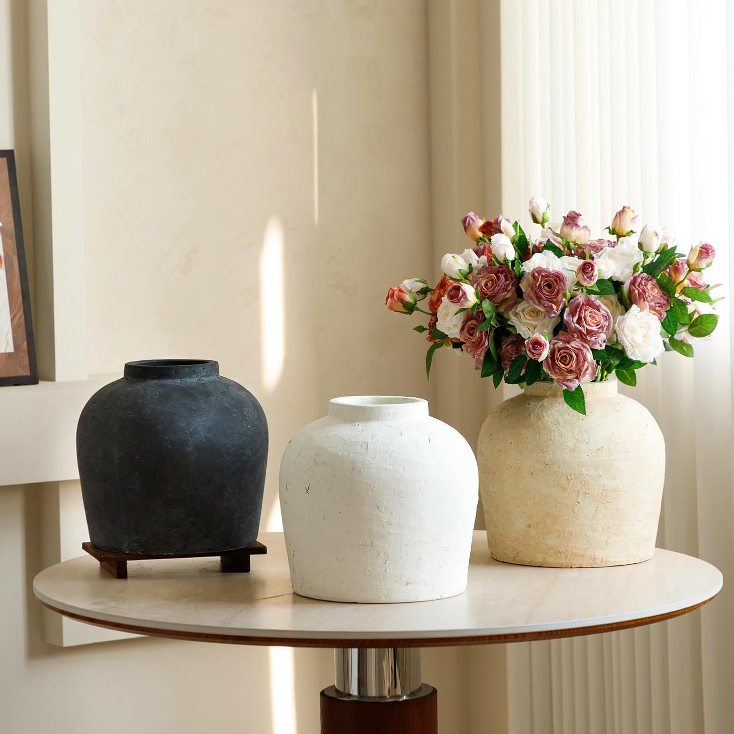 Large Ceramic Vase, 11" Rustic Farmhouse Terracotta Vase for Home Decor, Artisan Decorative Flower Vase for Living Room, Table Centerpiece, Bedroom (Rustic Black)