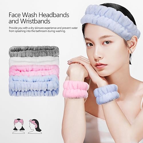 Miniatura 5 de Tofficu Juego de 12 diademas y muñequeras ajustables para el cuidado de la piel con 2 soportes para la cabeza de microfibra para lavar la cara, spa,