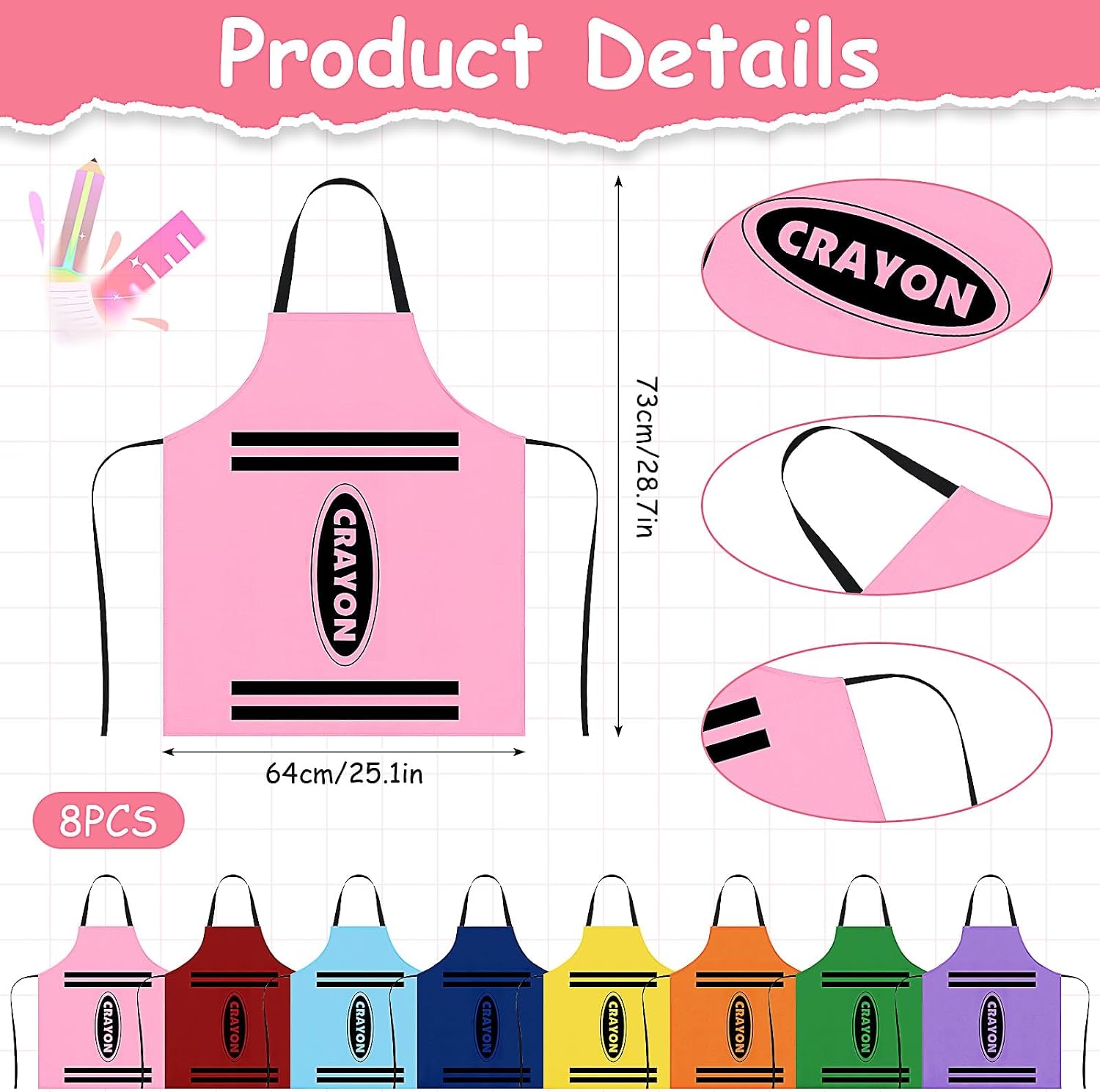 8 Set Crayon Themed Costume for Adults,Color Crayon Apron and Gnome Cone Hats Funny Outfit for Men Women Party,Fancy Dress Group Cosplay & Carnival Costume
