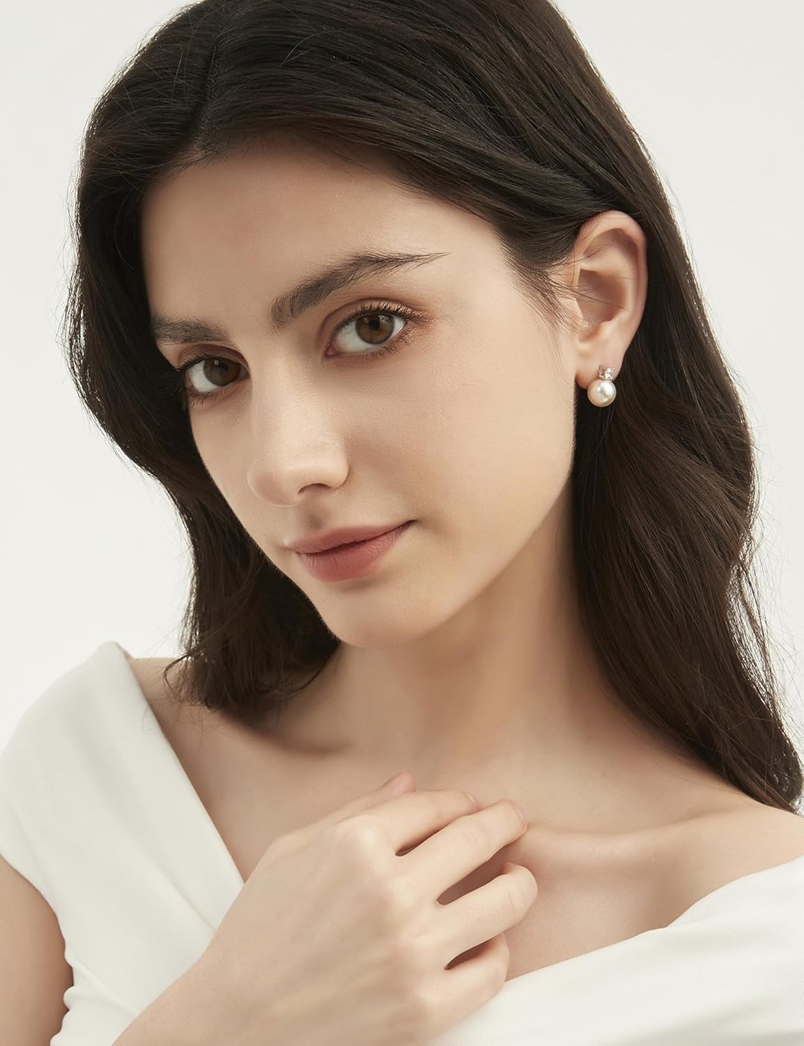Mameloly Pearl Earrings for Women Dainty 925 Sterling Silver Cubic Zirconia CZ 10MM Simulated White Pearl Stud Drop Engagement Wedding Birdal Earrings Hypoallergenic - Image 5