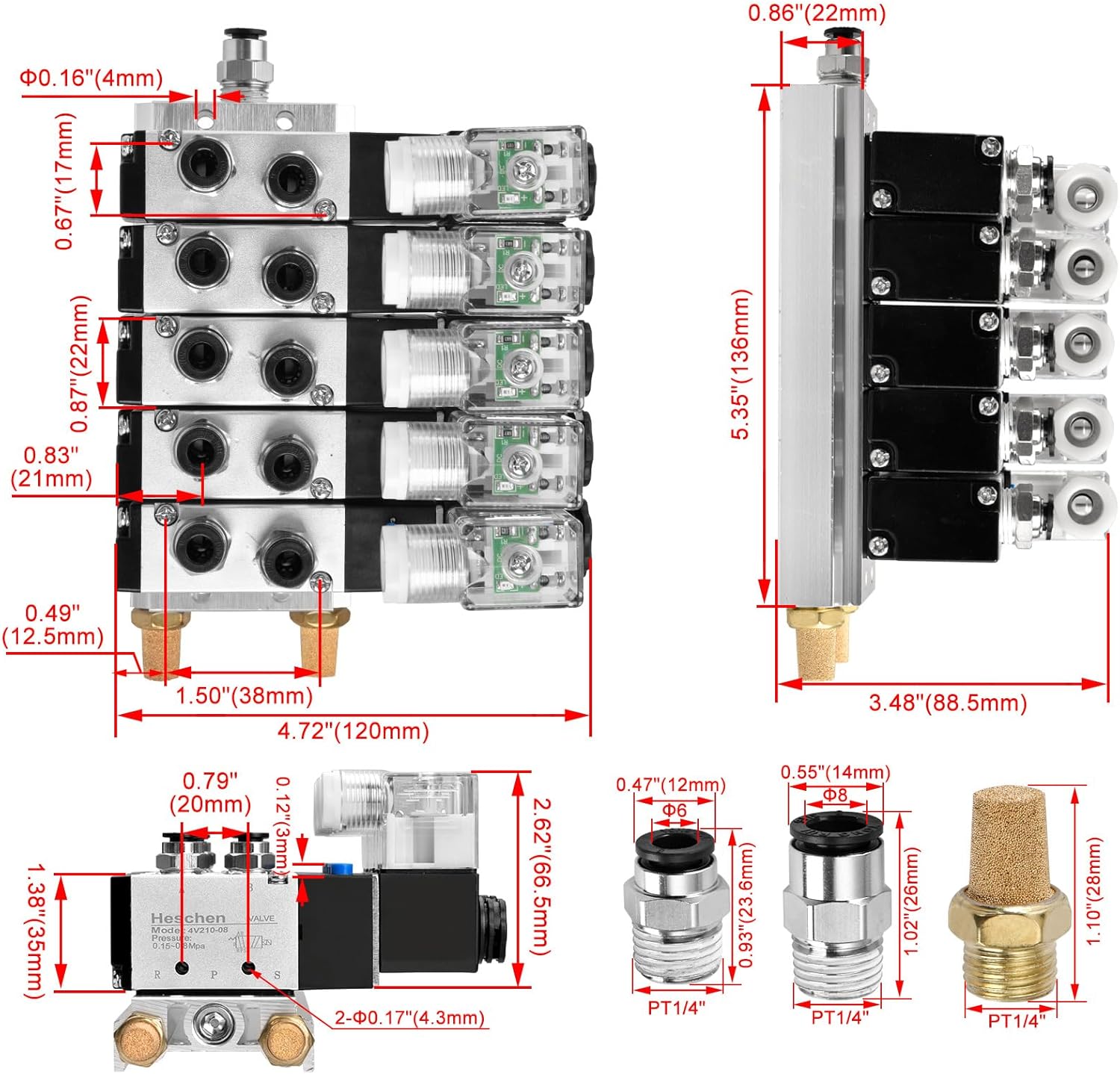 Heschen Electrical Pneumatic 5 Solenoid Valve 4V210-08, PT1/4'' Port, DC24V Coil, Single Coil Pilot-Operated Electric, 2 Position 5 Way, Manifold Base Muffler Quick Fittings Set