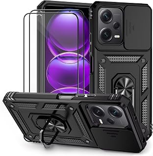 Cover per Xiaomi Redmi Note 12 5G/Poco X5 5G e 2 Vetro Temperato Custodia con Scorrevole Protezione Fotocamera Custodia Rotante Anello Supporto Antiurto TPU Bumper Custodie-Nero