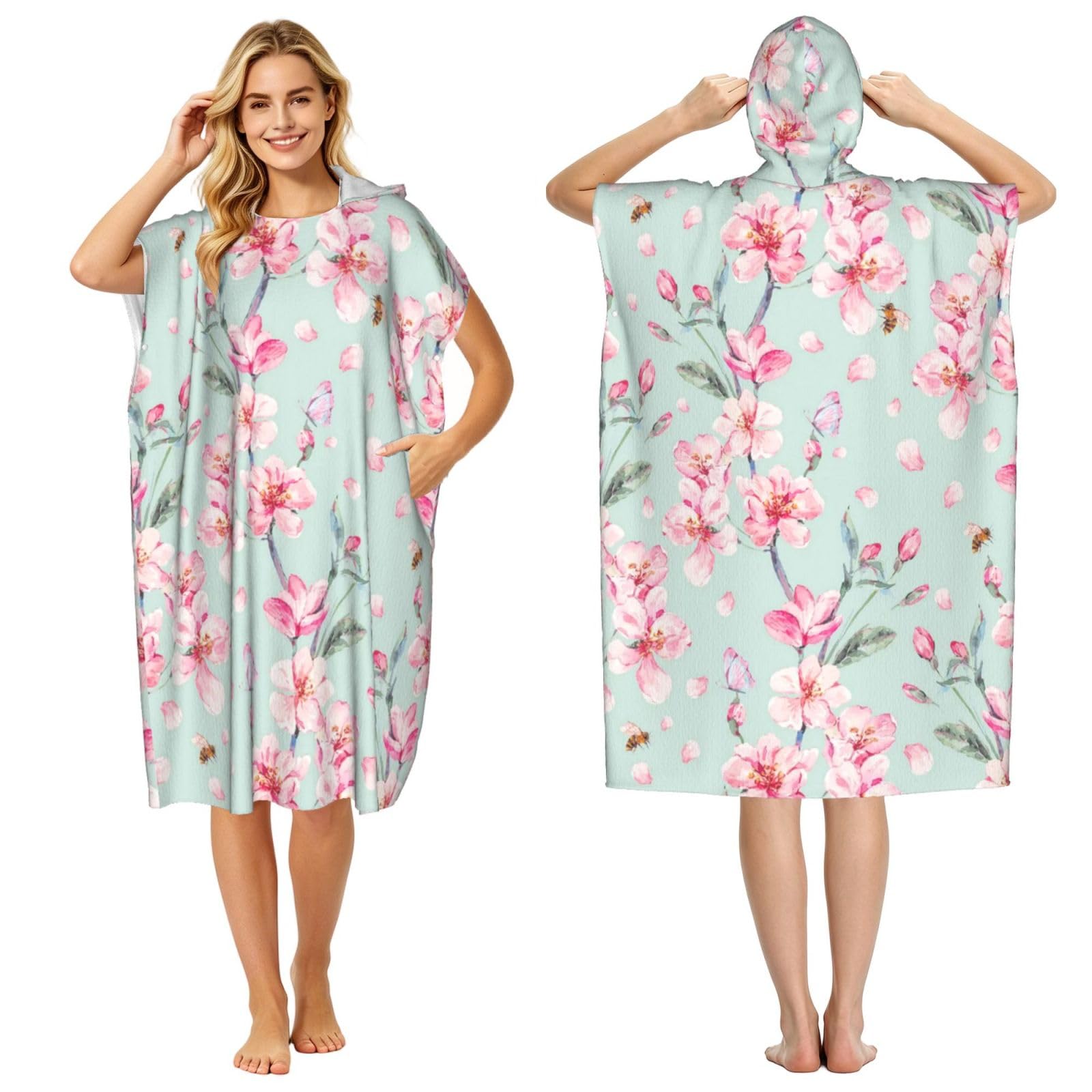 Poadnly Pink Cherry Flower Teal Spring, Adult Hooded Beach Towel 90 x 110 cm,Changing Bath Robe, Surf Poncho Towel For Women Men