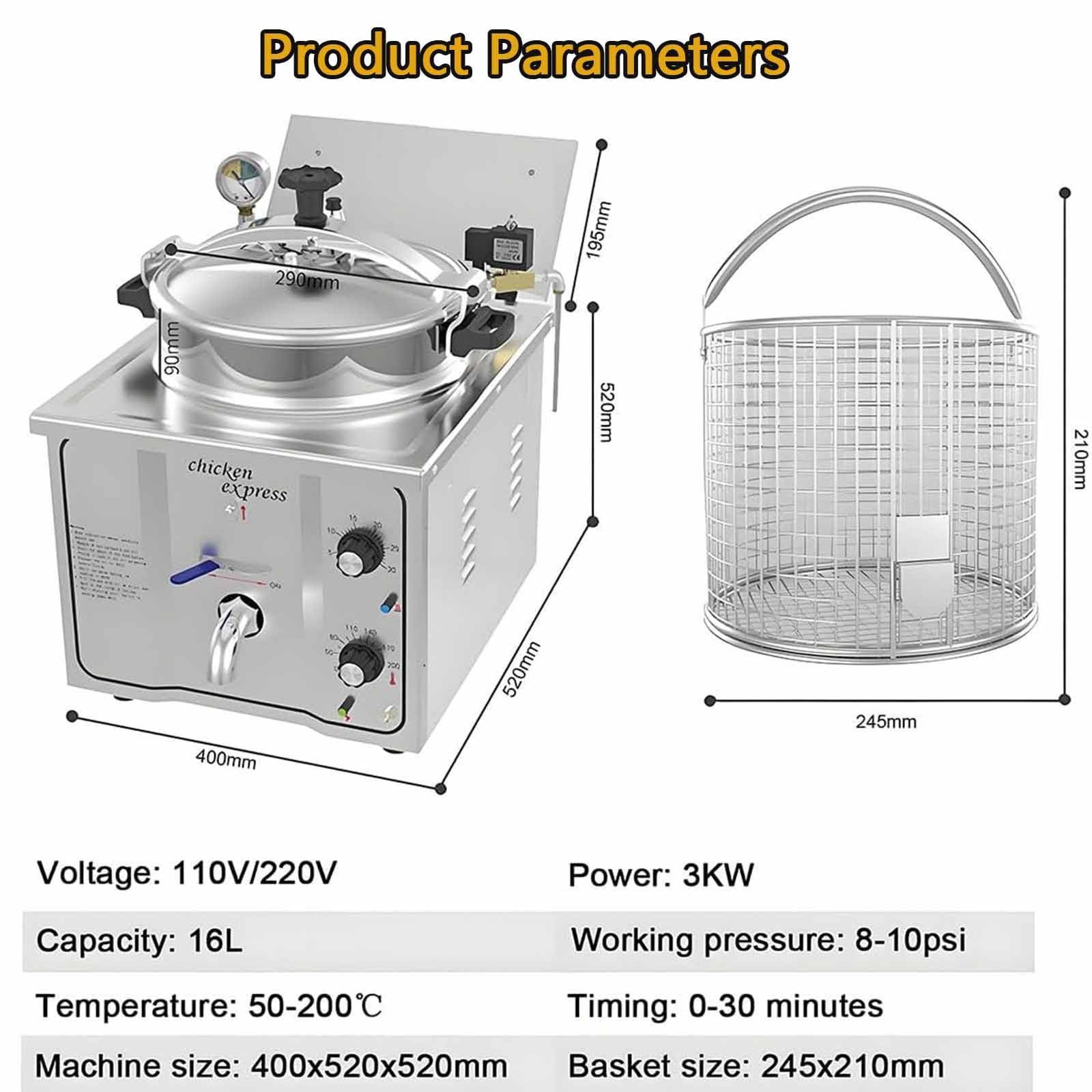 Freidora a Alta Presión 16L 3000W para Pollo Frito, Freidora Eléctrica de Mesada Comercial, Máquina Profesional de Pollo Frito en Acero Inoxidable para Cocinas Industriales
