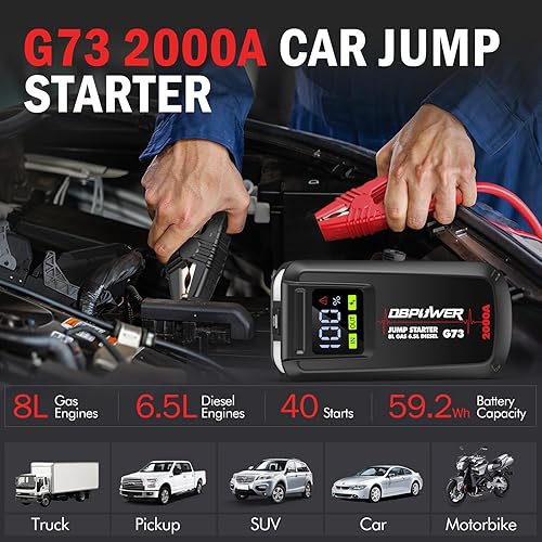 Miniatura 2 de DBPOWER Jump Starter - Arrancador de coche portátil de 2000 A para motores de gasolina de hasta 8.0 L y 6.5 L diésel, paquete de refuerzo de batería