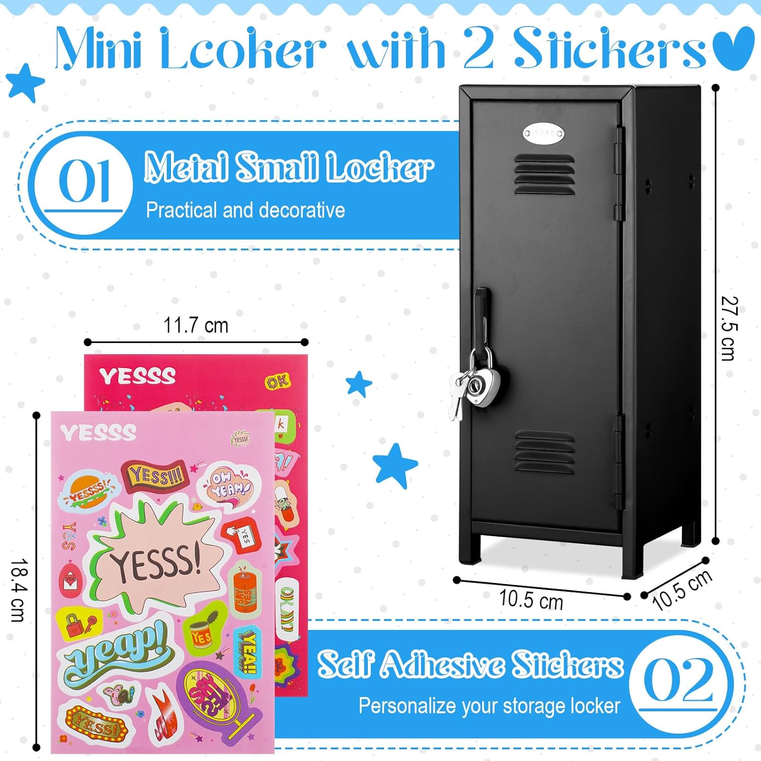 Vercraft Mini Locker with Lock Keys Stickers 10.8inch Small Storage Locker Desk Locker Metal Small Locker Miniature Storage Locker Functional Safe Metal Locker for Desktop Bedroom Home Office (Black)