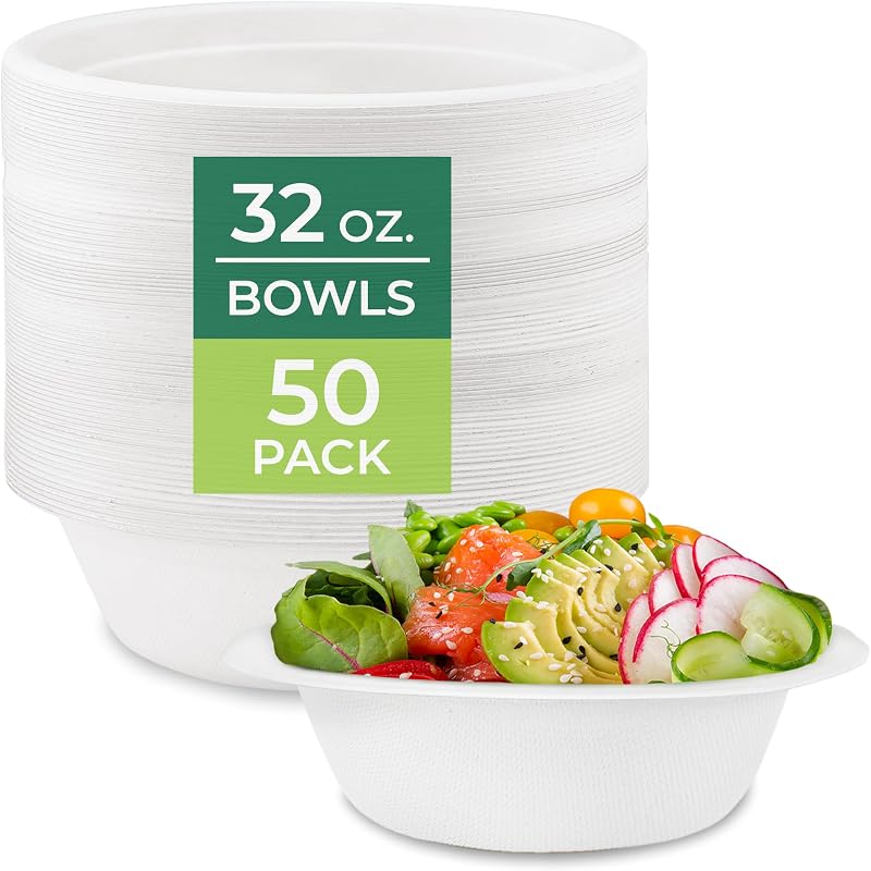 Freshware Paper Bowls - Disposable 32 oz Soup Bowl, 50-Pack Biodegradable Sugarcane Fiber Serving Bowls - Heavy Duty Bagasse for Hot Food Plates - Microwave & Freezer Safe, Stackable Dinnerware