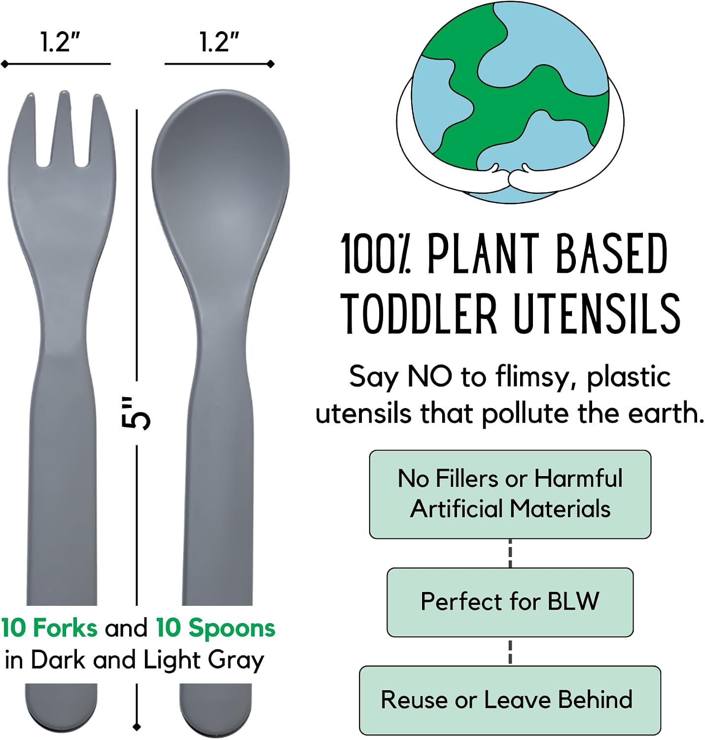 THEO'S 20 Pack Eco-Friendly Utensils for Baby & Toddler | 100% Biodegradable + Compostable 5.0"x1.2" Plant Based Spoons & Forks (10 each) | BPA Free, Dishwasher + Microwave Safe, Light & Dark Gray