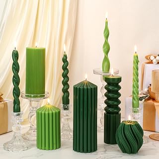 Nuanchu 9 Pcs Modern Decorative Candles Set 5 Pillar Aesthetic Ribbed Candles 4 Spiral Taper Twisted Candlesticks Scented Smokeless Soy Wax for Wedding Holiday Dinner Home Decorations(Green)