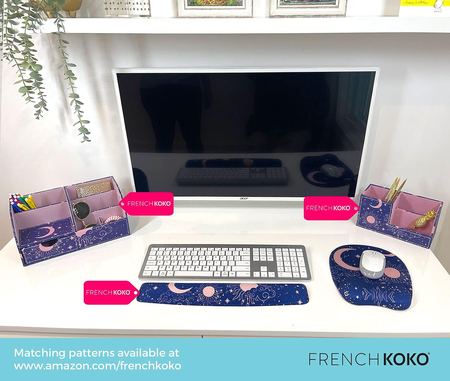 French Koko Keyboard and Mouse Wrist Rest Support Arm Wrist Pad Comfort Gel Memory Foam Desk Home Office School Computer Laptop Stars Moon Girls Women Teens Cute Comfortable Ergonomic (Starry Skies)