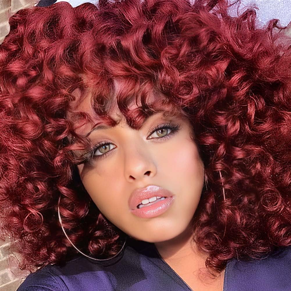 AIDUSA Short Loose Red Curly Wig Afro Synthetic Wig Natural Half Short Wigs for Black Women Fluffy Red Wig Weave Curly Wigs with Bangs for Women (Red)