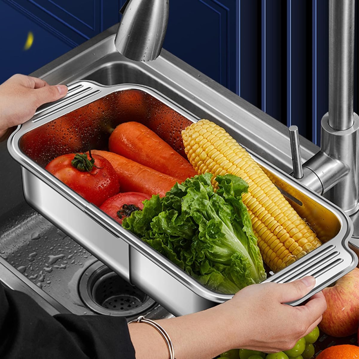 BESPORTBLE Cesta Coladora Expandible de Acero Inoxidable 304 para Fregadero, Escurridor Grande (34-44 Cm), Filtro de Residuos de Cocina y Colador para Verduras y Frutas