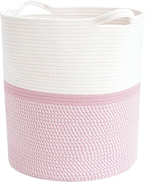 INDRESSME Cotton Basket 16.2 x 14.2 x 13.4 inches Woven Hamper Pink Girl Basket for Gift Toy Blanket Corner Basket in living Room