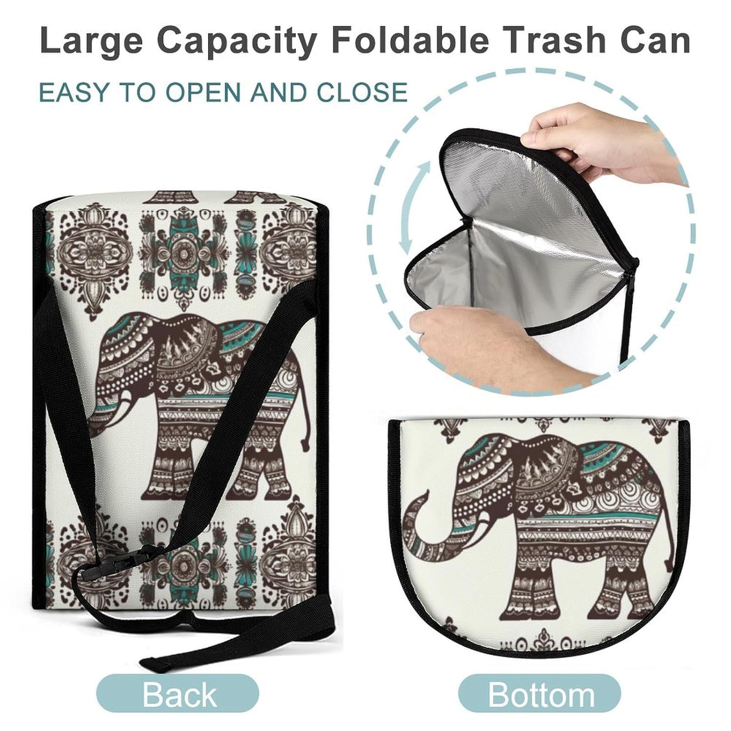 Car Garbage Storage Bag Bohemian Elephant Pattern Printed Hanging Vehicle Trash Bin Car Trash Can with Zipper Lid Portable Garbage Storage Bags for Truck Van and SUV