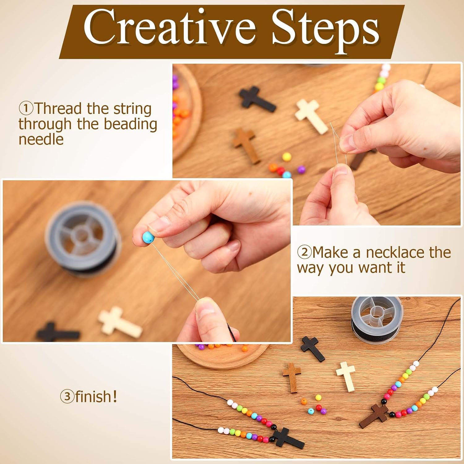 Ecation 48 Sets DIY Religious Crafts Wood Cross on Cord Wood Cross Pendant Necklace Bracelet with Colorful Assorted Beads Wooden Crosses Crafts