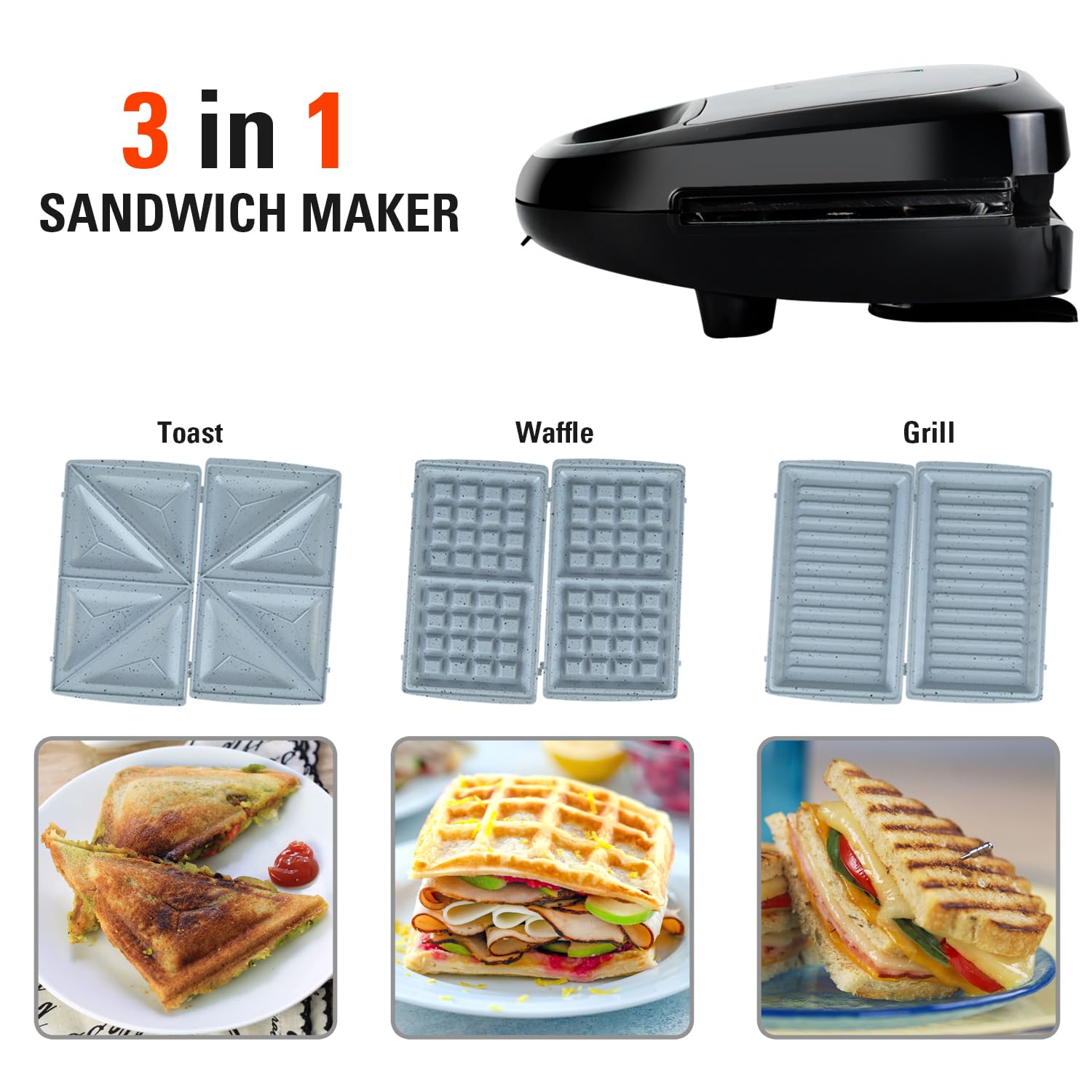 iBELL 3-in-1 Sandwich Maker - Toast, Waffle & Grill -5