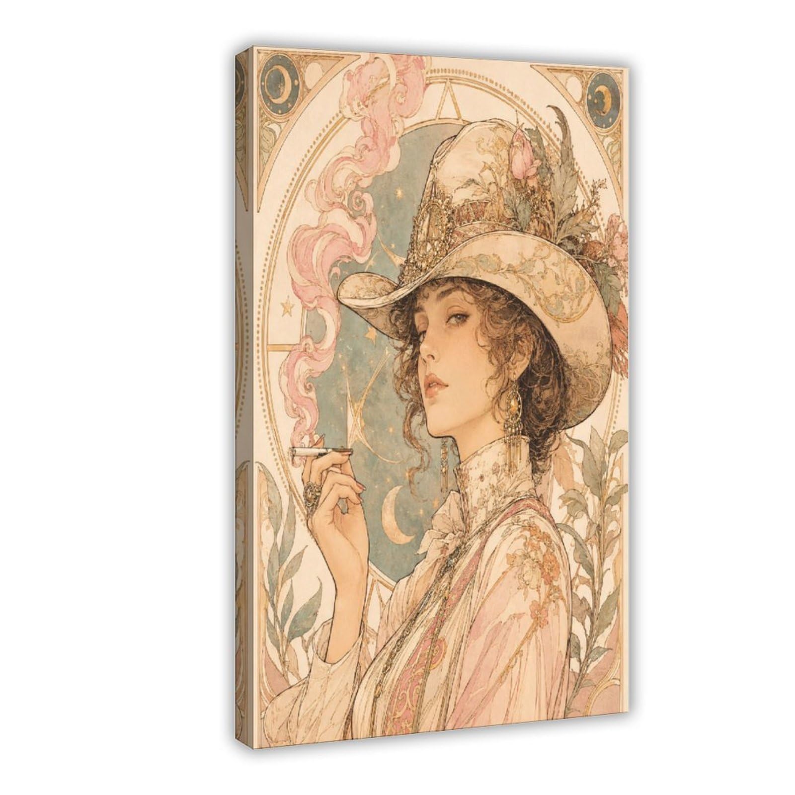 W7C8U2X3 Cowgirl with UFO Hat Canvas Wall Art, Art Nouveau Dorm Decor