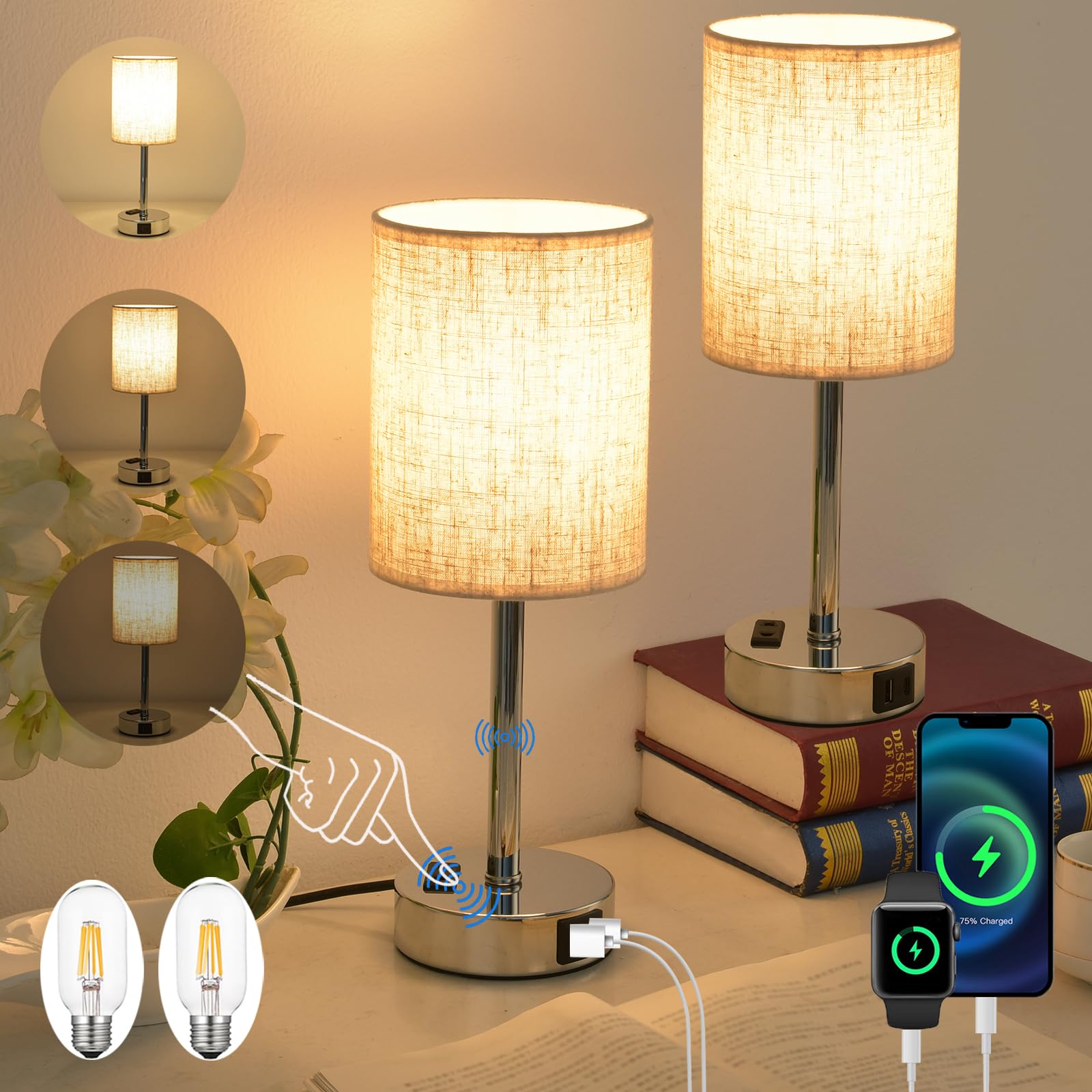 LSWZZ LED Nachttischlampe Touch Dimmbar 2er Set, Tischlampe mit Ladefunktion USB A+C-Anschlüssen, Kleine Lampe für Nachttisch Schlafzimmer Wohnzimmer Babyzimmer Büro(Beige-2 Stück)