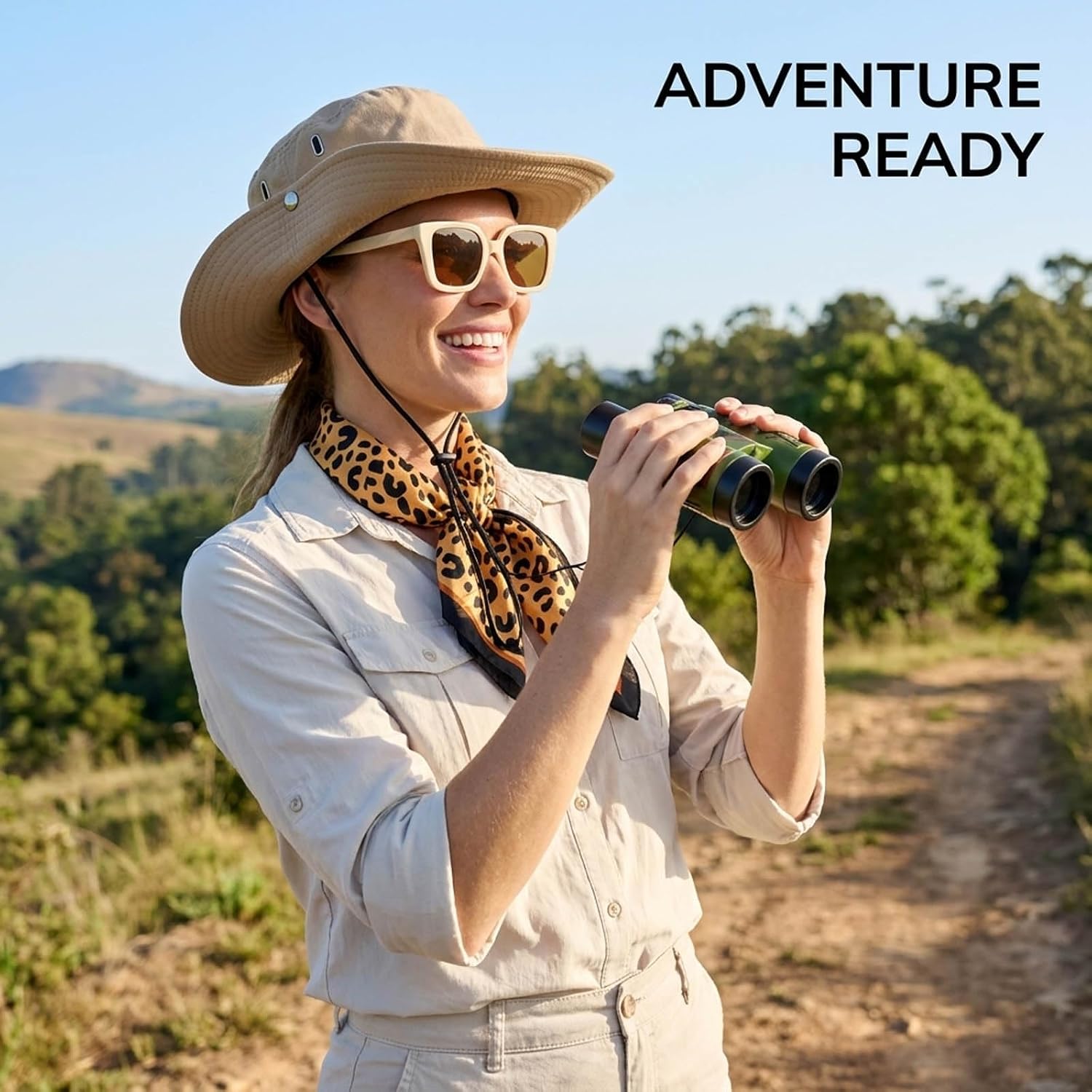 4 PCS Safari Outfit Women, Safari Costume Women, Adult Zoo Keeper Costume Includes Sun Bucket Hat, Leopard Scarf, Binoculars, Goggles image 4